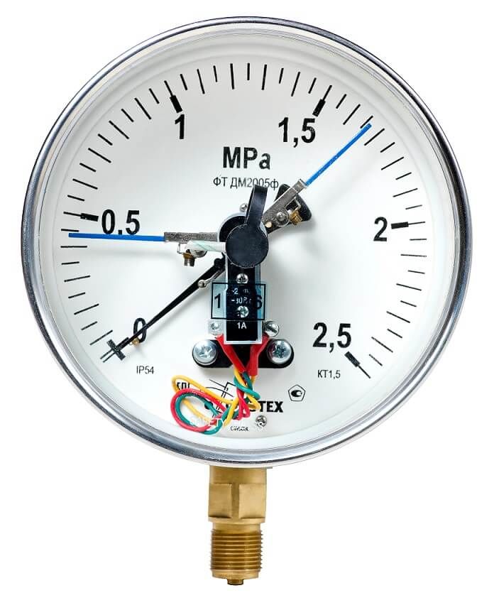 Мановакуумметр электроконтактный пылевлагозащищенный ДА2005ф IP54(IP65) -0,1 - 0,9...2,4 МПа в НКПРОМ.РУ